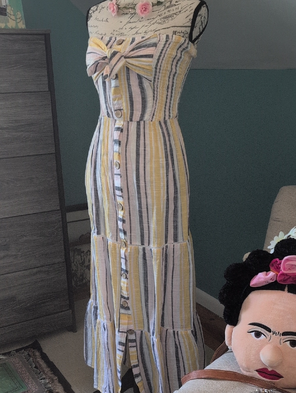 blue island Striped Yellow, Cream & Blue Button-Front Maxi Dress🧚 - Picture 3 of 15